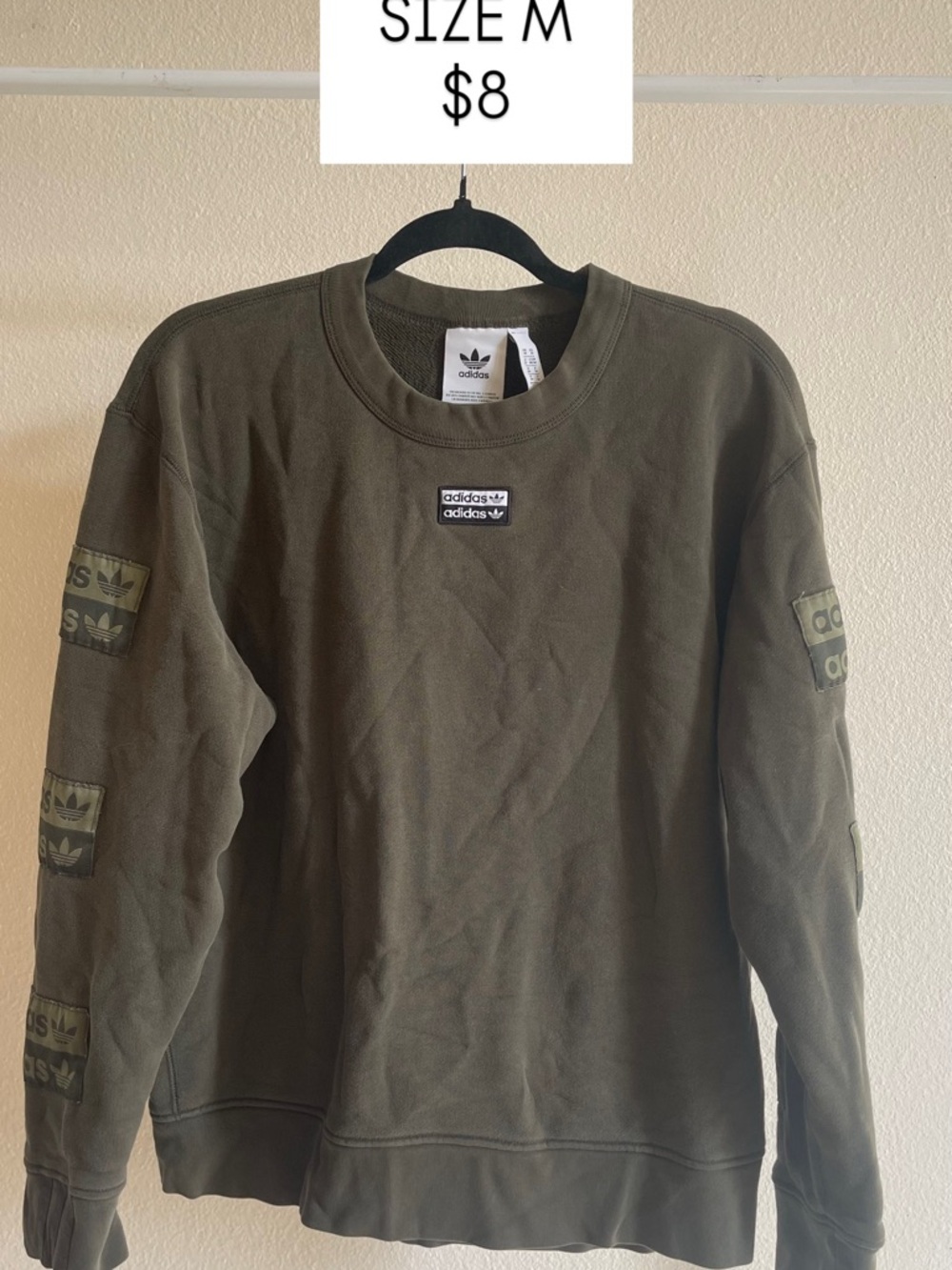 adidas Olive Crewneck Sweatshirt with Logo Patches